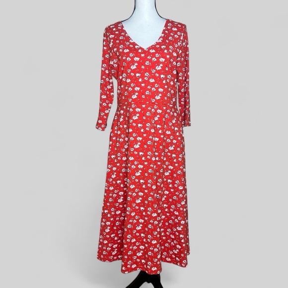 PACT Dakota red floral fit and flare dress pockets - Picture 2 of 8